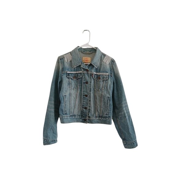 Levis Womens M Jean Jacket Custom Rhinestone Fringe Retro Western Festival Boho - Picture 2 of 8